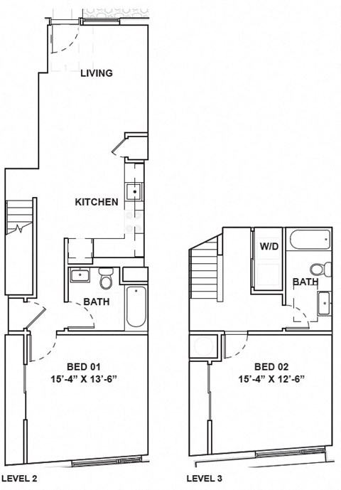 A floor plan shows a living area, a kitchen, two bathrooms, and two bedrooms.